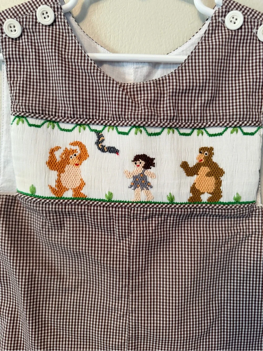 Remember Nguyen Smocked Brown Gingham Boys' Shortall with Animal Scene